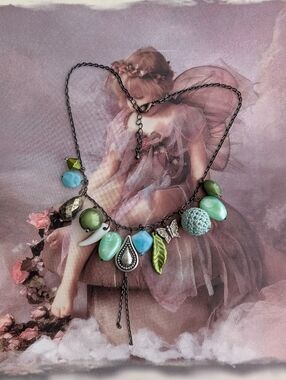 Source Unknown Green and Aqua Charm Necklace with Silver Accents